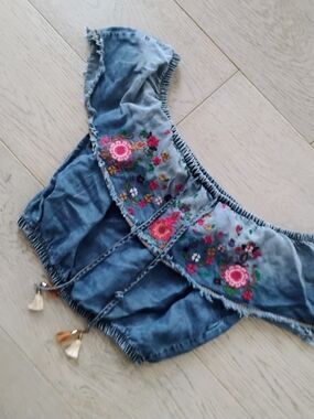 Embroidered Blue Denim Off-Shoulder Crop Top